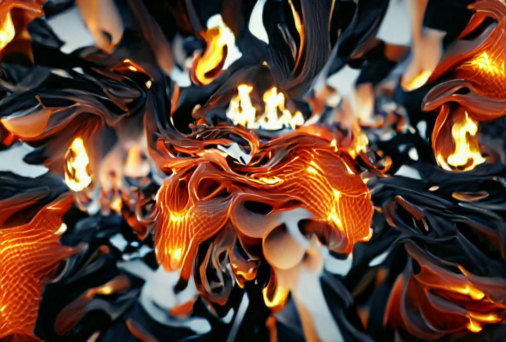 Close up of flaming ashes. Swirls of glowing embers in orange and yellow interspersed with grays, blacks, and whites.